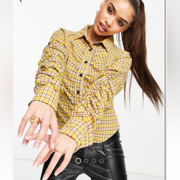 S/4  button down collar ruched check shirt in mustard chekered plaid yellow - Picture 1 of 8